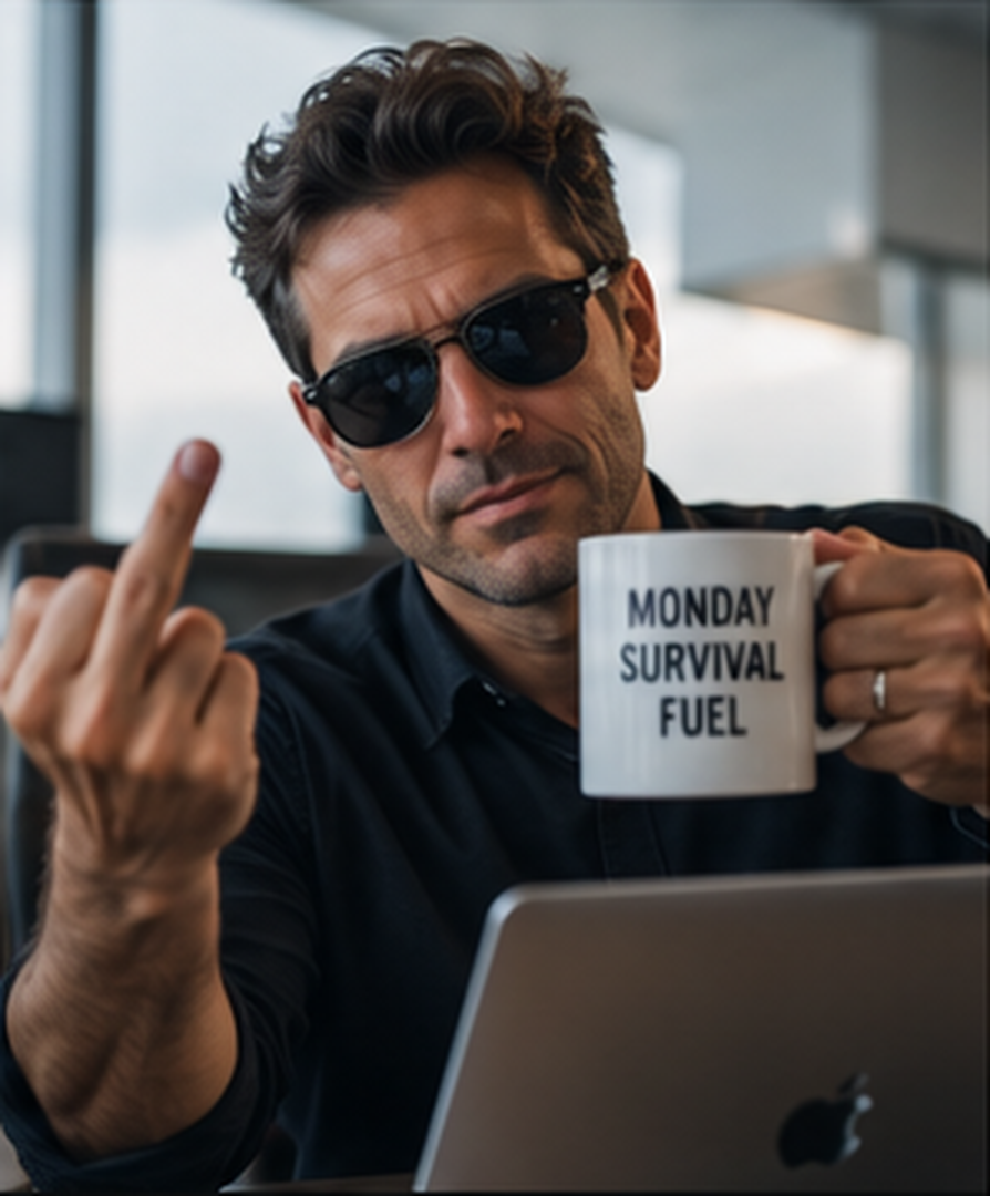 Man at his desk holding coffee and giving the finger
