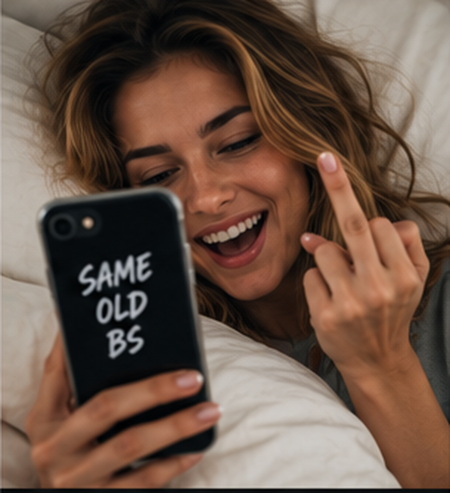 Woman laughing at a message on her phone