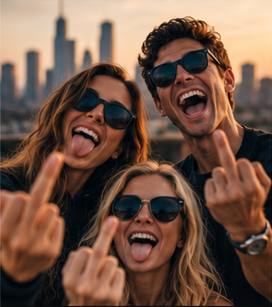 Three friends laughing together and giving the finger