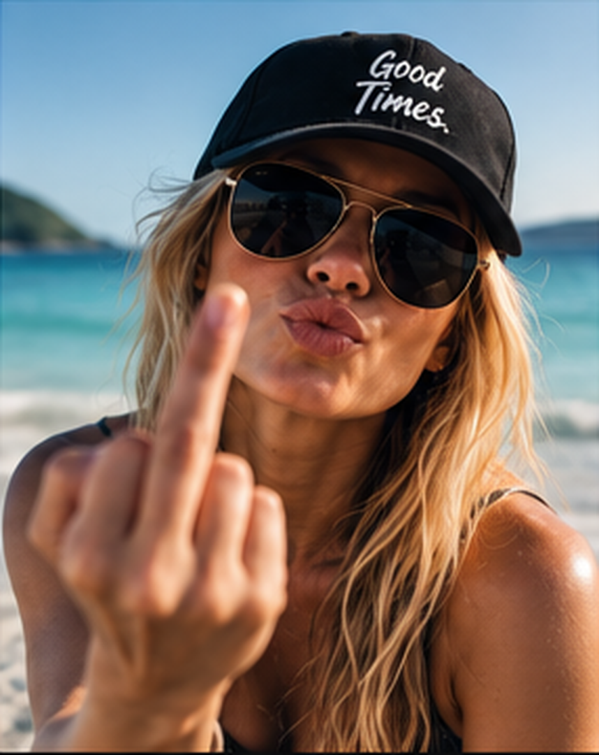 Woman at the beach giving the finger