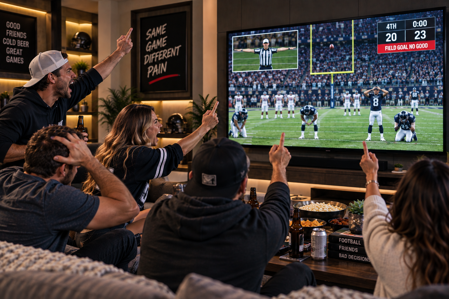 Friends reacting to a missed football field goal on television