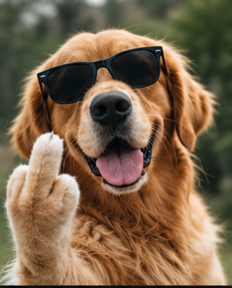 Dog in sunglasses making a rude paw gesture